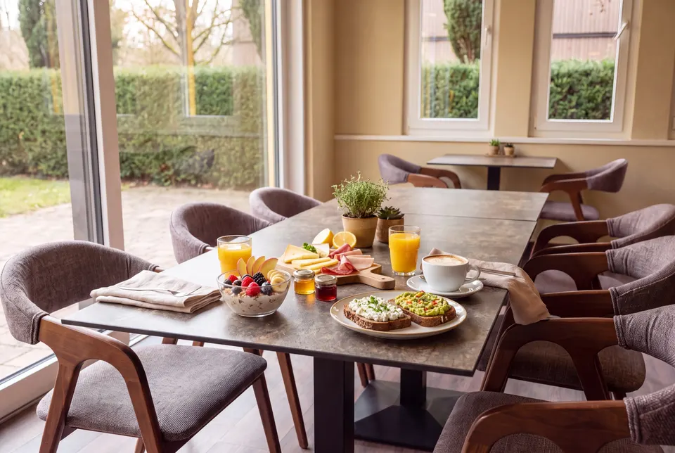 Breakfast at the café's window table: Bircher muesli with berries, bread with herb cottage cheese and guacamole, cheese and cold cuts, honey, jam, a cappuccino and orange juice (illustrative image)