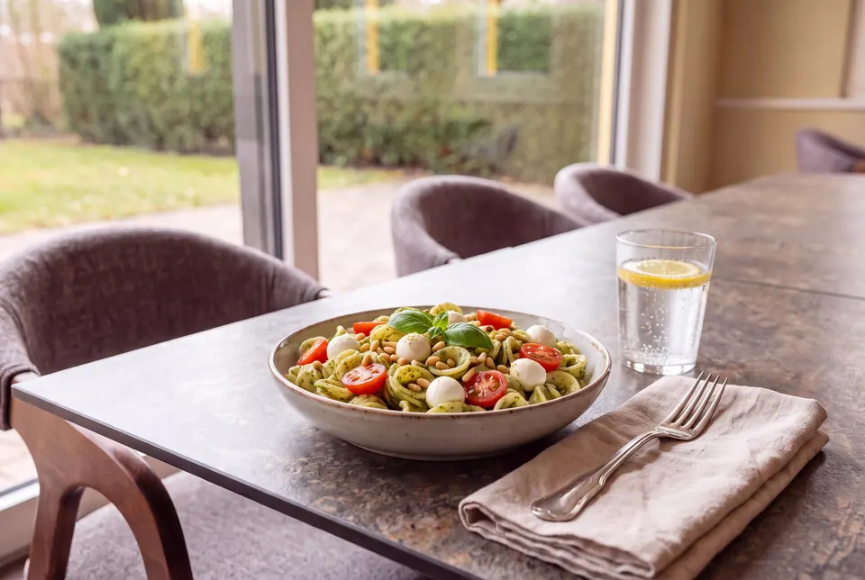 Bowl of Caprese pasta salad — orecchiette, pesto, cherry tomatoes, mozzarella and pine nuts — at the café's window table, with a glass of water beside it (illustrative image)