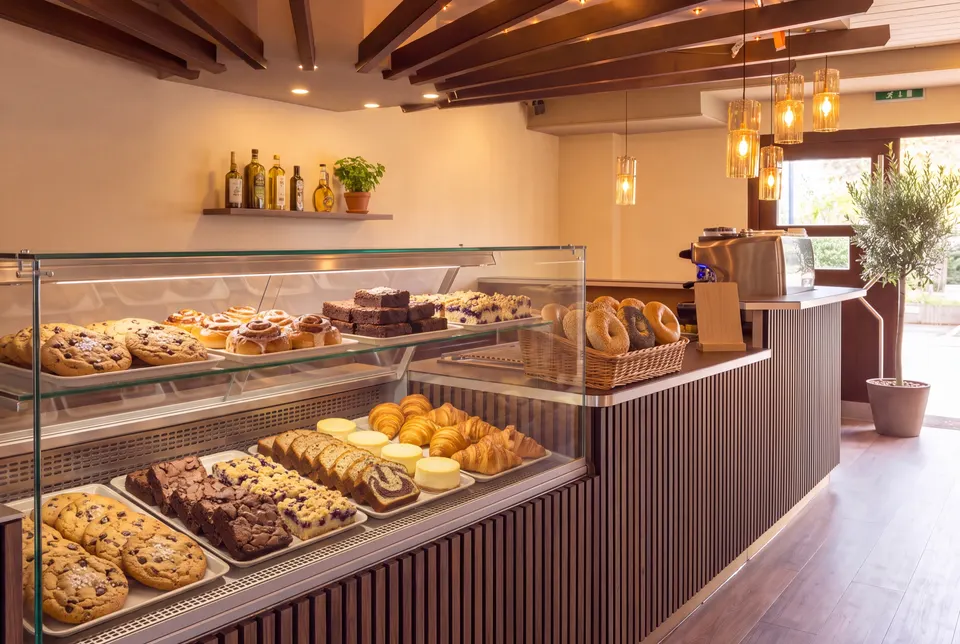 Display case at the counter with chocolate chip cookies, cinnamon buns, brownies, blueberry crumble cake, marble cake, small Chäschüechli cheese tarts and croissants, with a basket of bagels beside it (illustrative image based on a photograph of the premises)
