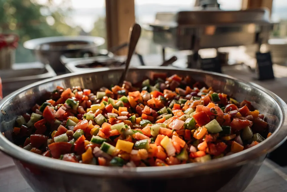 Large bowl of Middle Eastern salad with diced tomatoes, cucumber and peppers on the buffet, chafing dishes behind it (illustrative image)