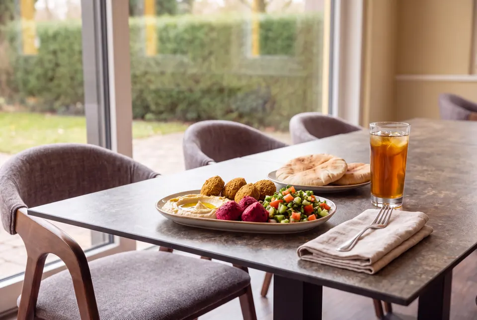 Teller mit Falafel und Randenfalafel, Hummus, Middle Eastern Salat und Fladenbrot am Fenster des Lokals (Symbolbild)