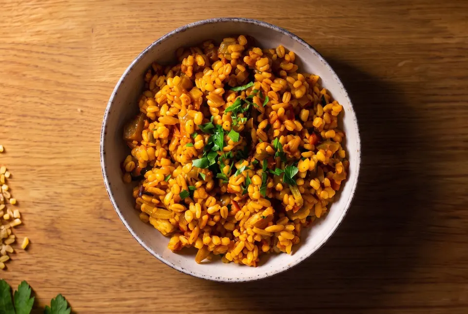Bulgur with vegetables and parsley in a bowl (illustrative image)