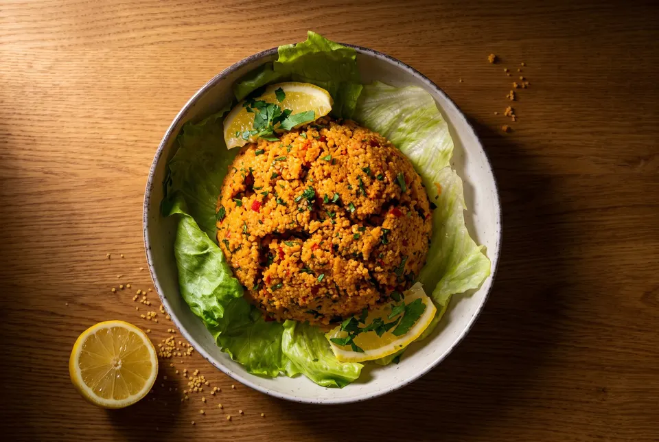 Couscous salad on a lettuce leaf with a lemon wedge (illustrative image)