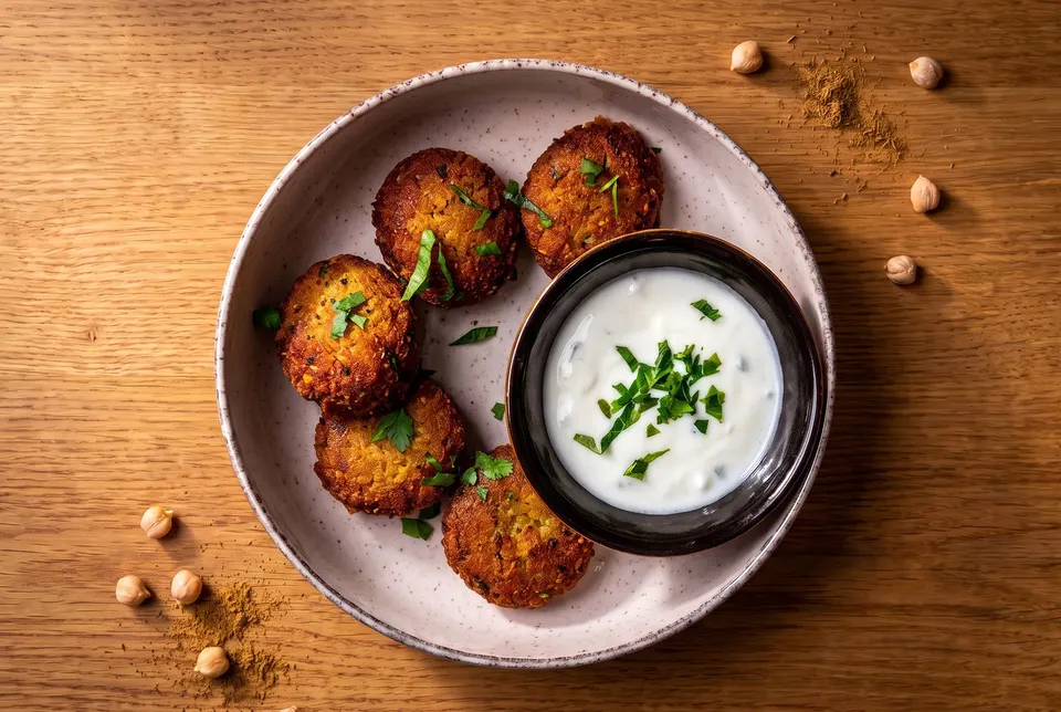 Plate of falafel sprinkled with parsley, with a small bowl of yoghurt sauce (illustrative image)
