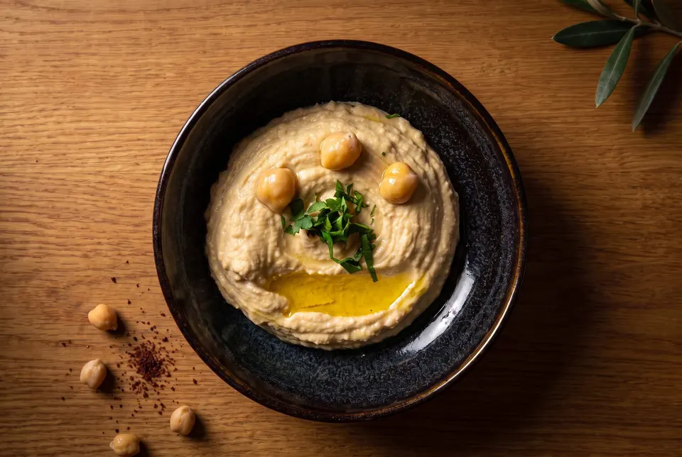 Hummus with chickpeas, parsley and olive oil in a dark bowl on wood (illustrative image)