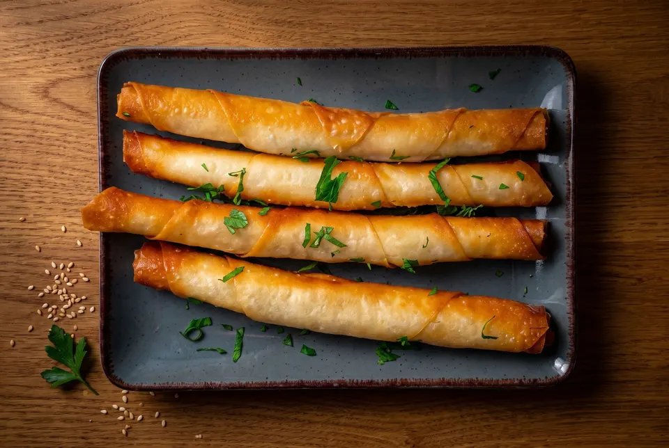 Four golden cheese cigars made of pastry sheets on a dark tray (illustrative image)