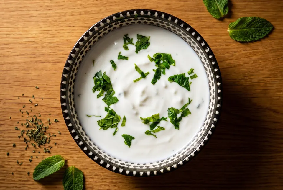 Bowl of yoghurt garnished with mint and parsley (illustrative image)
