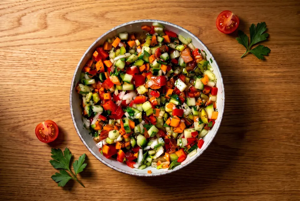 Middle Eastern salad with diced tomatoes, cucumber, peppers and parsley in a bowl (illustrative image)