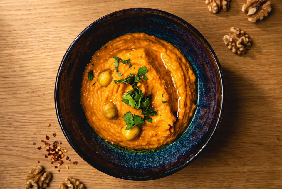 Muhammara with parsley in a dark blue bowl on wood (illustrative image)