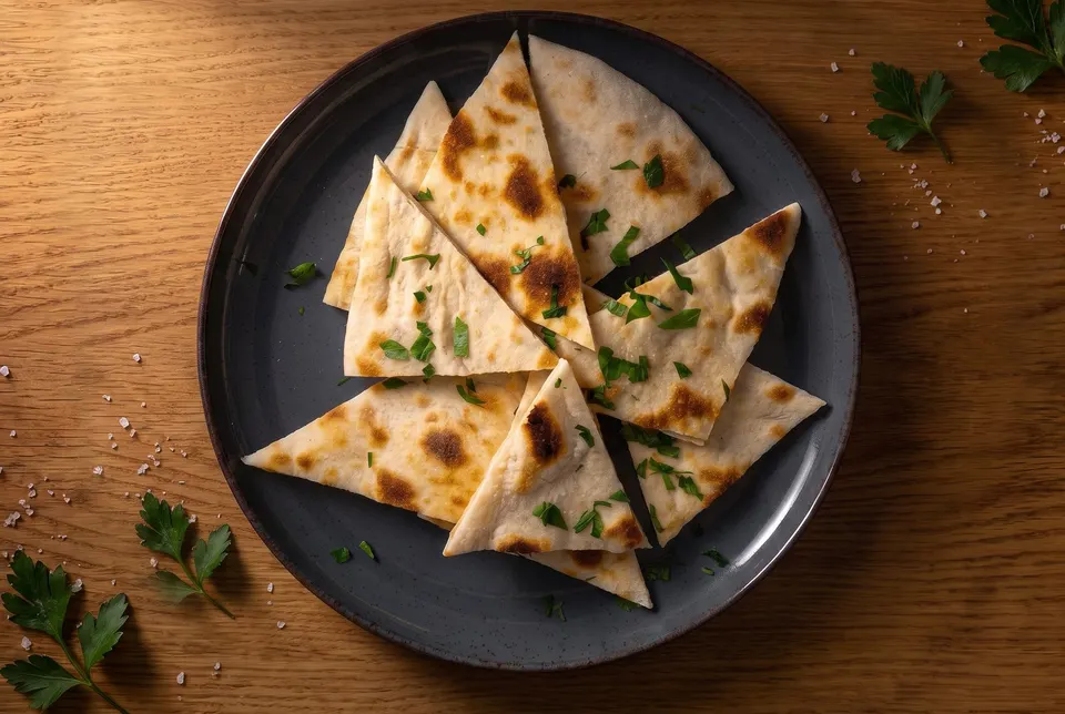 Plain Nan, flatbread cut into triangles with herbs, on a dark plate (illustrative image)