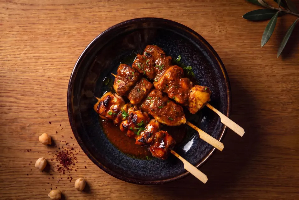 Three chicken skewers with wooden tips in sauce in a dark glazed bowl (illustrative image)