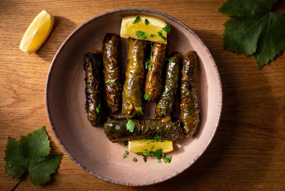 Sarma, stuffed vine leaves, with lemon slices on a plate (illustrative image)