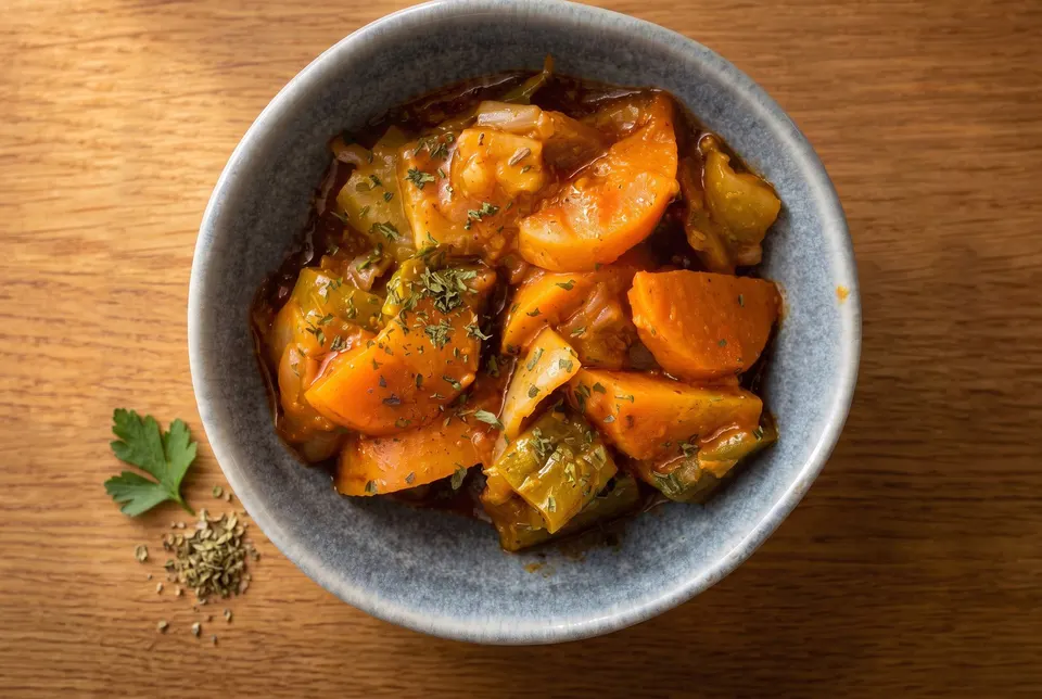 Sebze, braised vegetables with carrots and peppers, in a grey bowl (illustrative image)