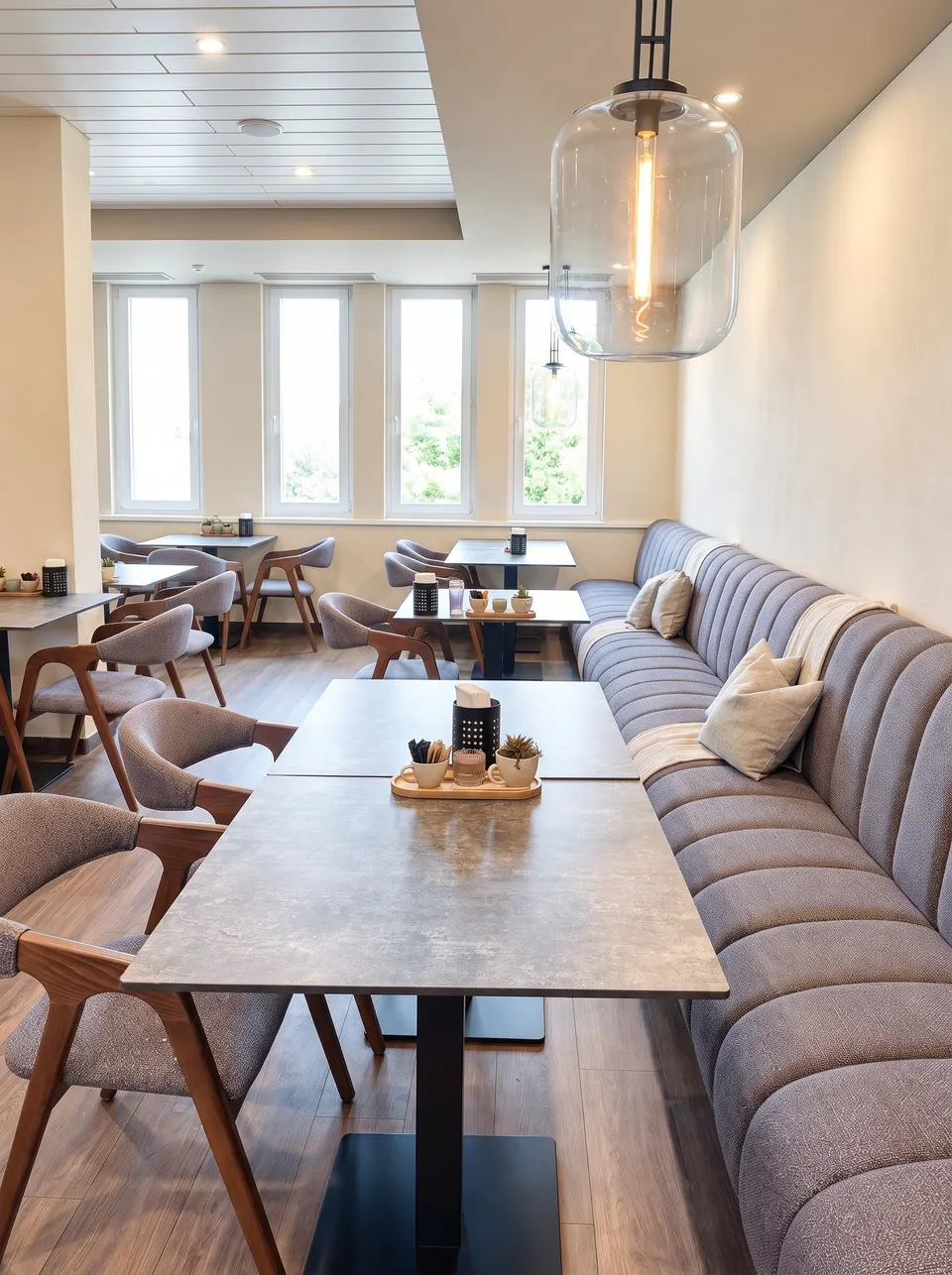 Long upholstered bench below a row of windows, tables with stone tops and wooden chairs in front of it, a glass pendant light above (illustrative image based on a photograph of the premises)