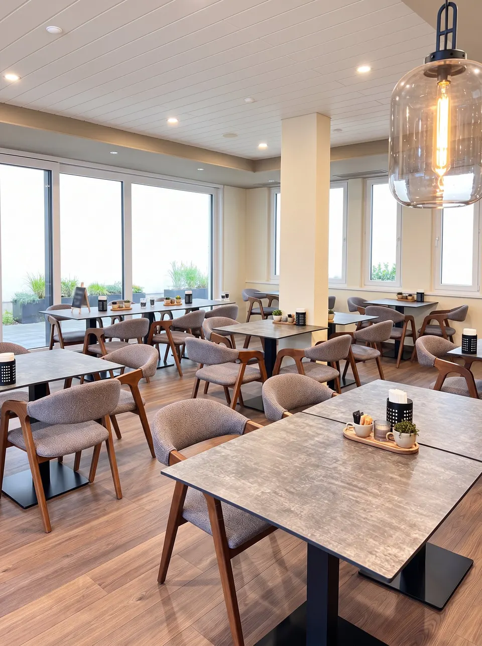 Bright dining room with a window front, tables with stone tops, wooden chairs with grey cushions and a glass pendant light (illustrative image based on a photograph of the premises)