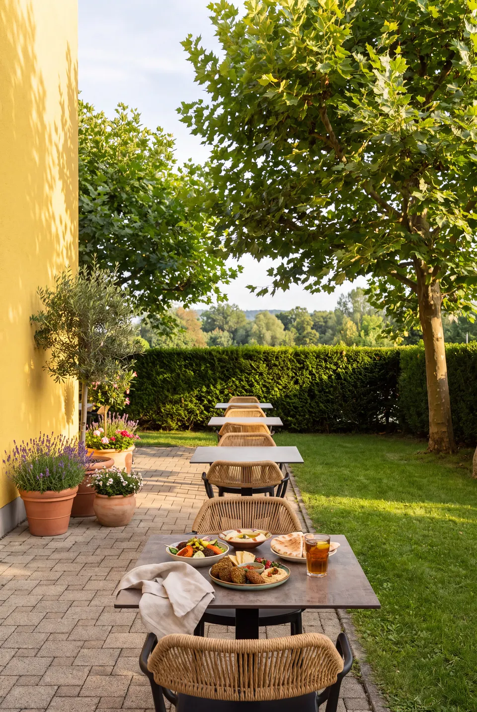 Terrasse unter den Platanen mit gedecktem Tisch, Lavendel und Olivenbäumchen in Töpfen, Hecke und Blick auf Bäume (Symbolbild auf Basis einer Aufnahme der Terrasse)