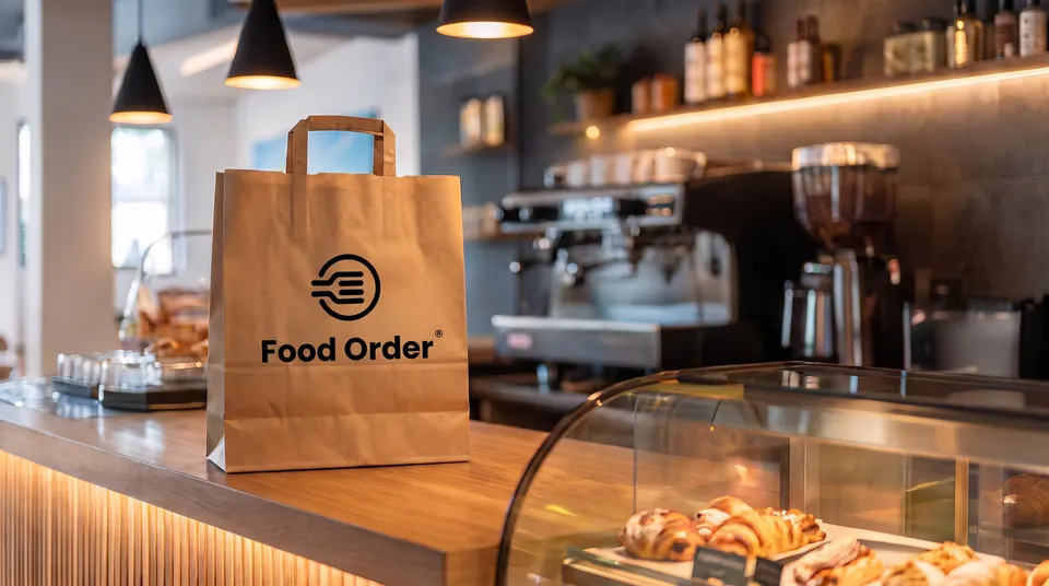 Papiertasche von Food Order® auf der Theke, bereit zur Abholung
