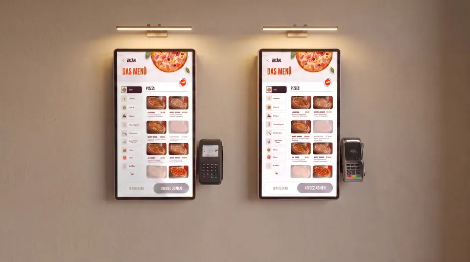Zwei Bestellkioske mit Kartenterminal an der Wand