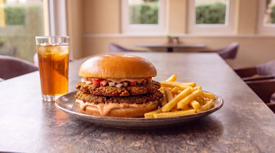Falafel Smashed Burger mit zwei knusprigen Falafel-Patties, gewürfelten Tomaten und Zwiebeln und Sauce im Brioche-Bun auf einem Teller mit Pommes, daneben ein Glas Eistee